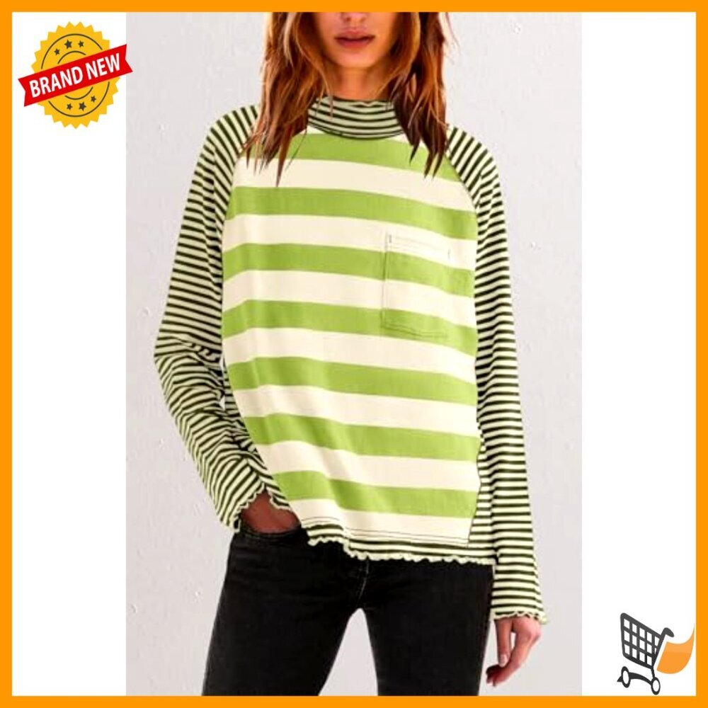 Long Sleeve Striped Turtleneck Tunic Top Loose Fit Polyester Blend - Picture 3 of 7